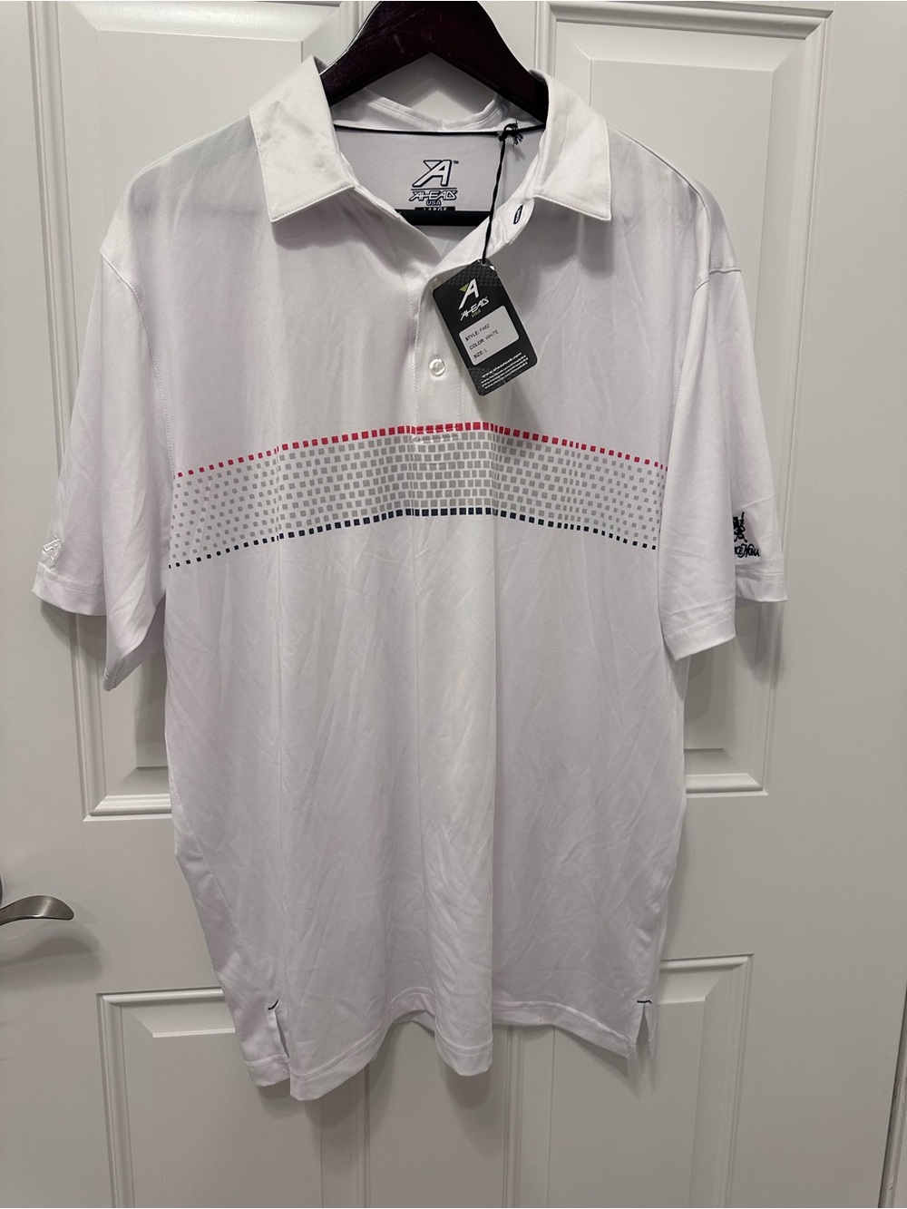 AHead USA White Polo with Red and Black Dotted Chest Stripe